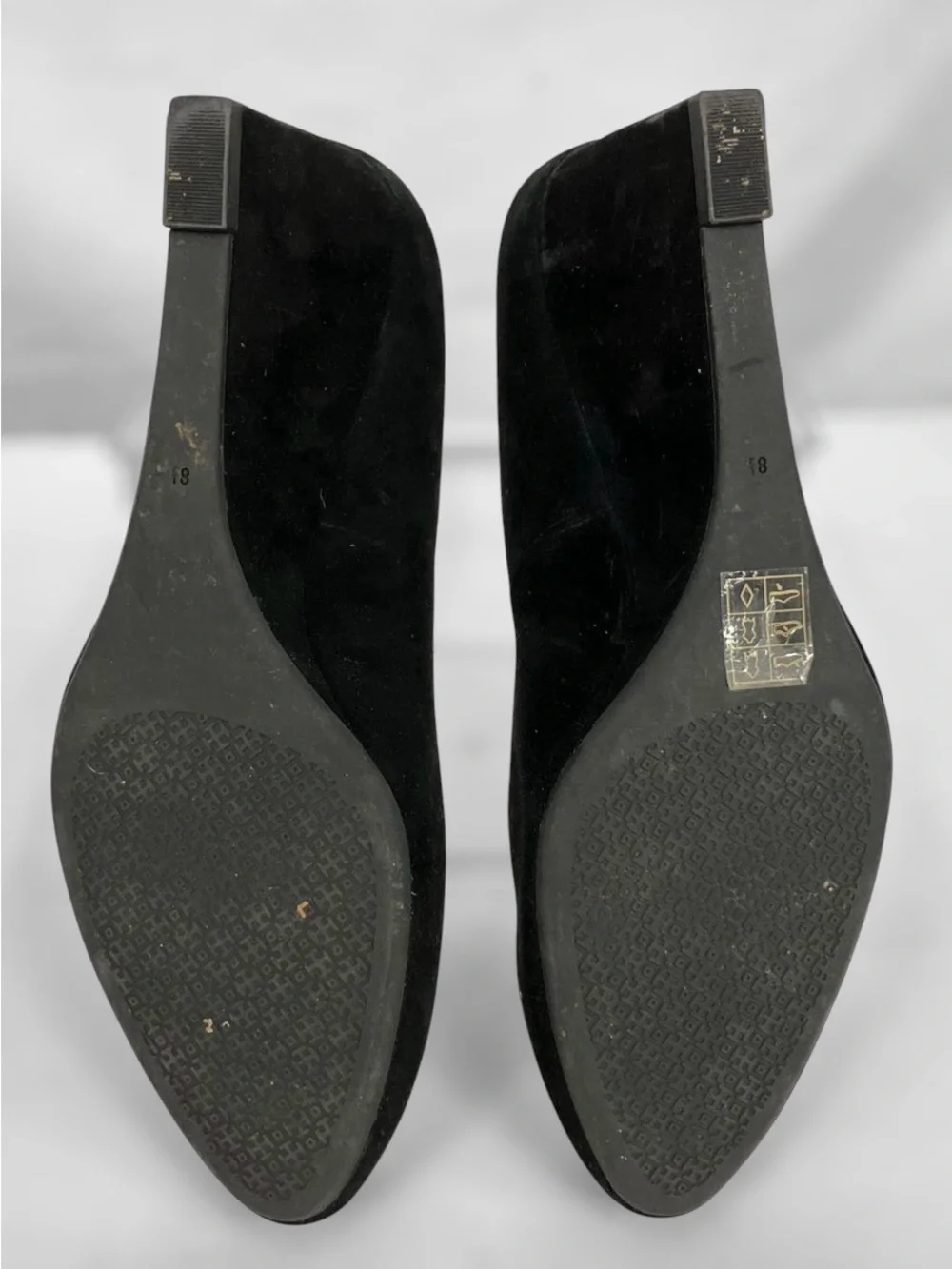 Tory Burch Black Suede wedges with Gold Logo Medallion